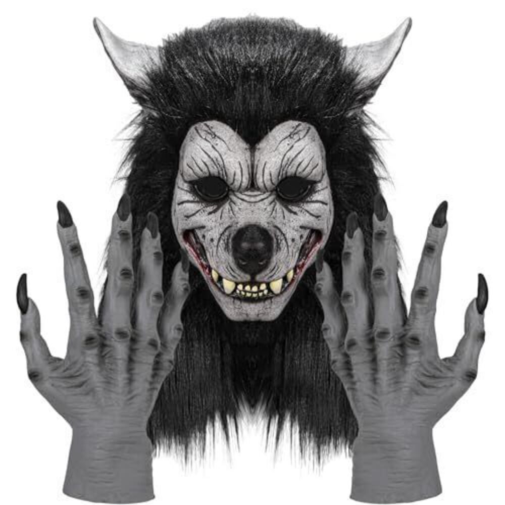 1035 Werewolf Mask with Claws Gloves Wolf Full Head Halloween Mask Adult